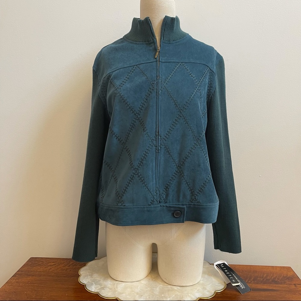 Norton Mcnaughton Blue Teal Ribbed knit Faux Suede Zip Jacket Stretch 10/12P